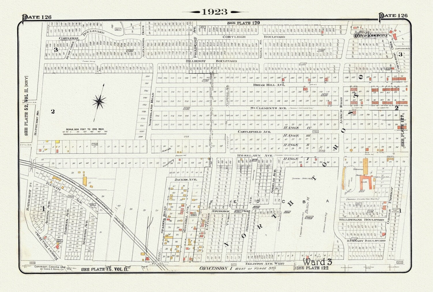 Plate 126, Toronto Uptown, Hunt Club, 1923, Map on heavy cotton canvas, 18x27in. approx. - The Map Chest
