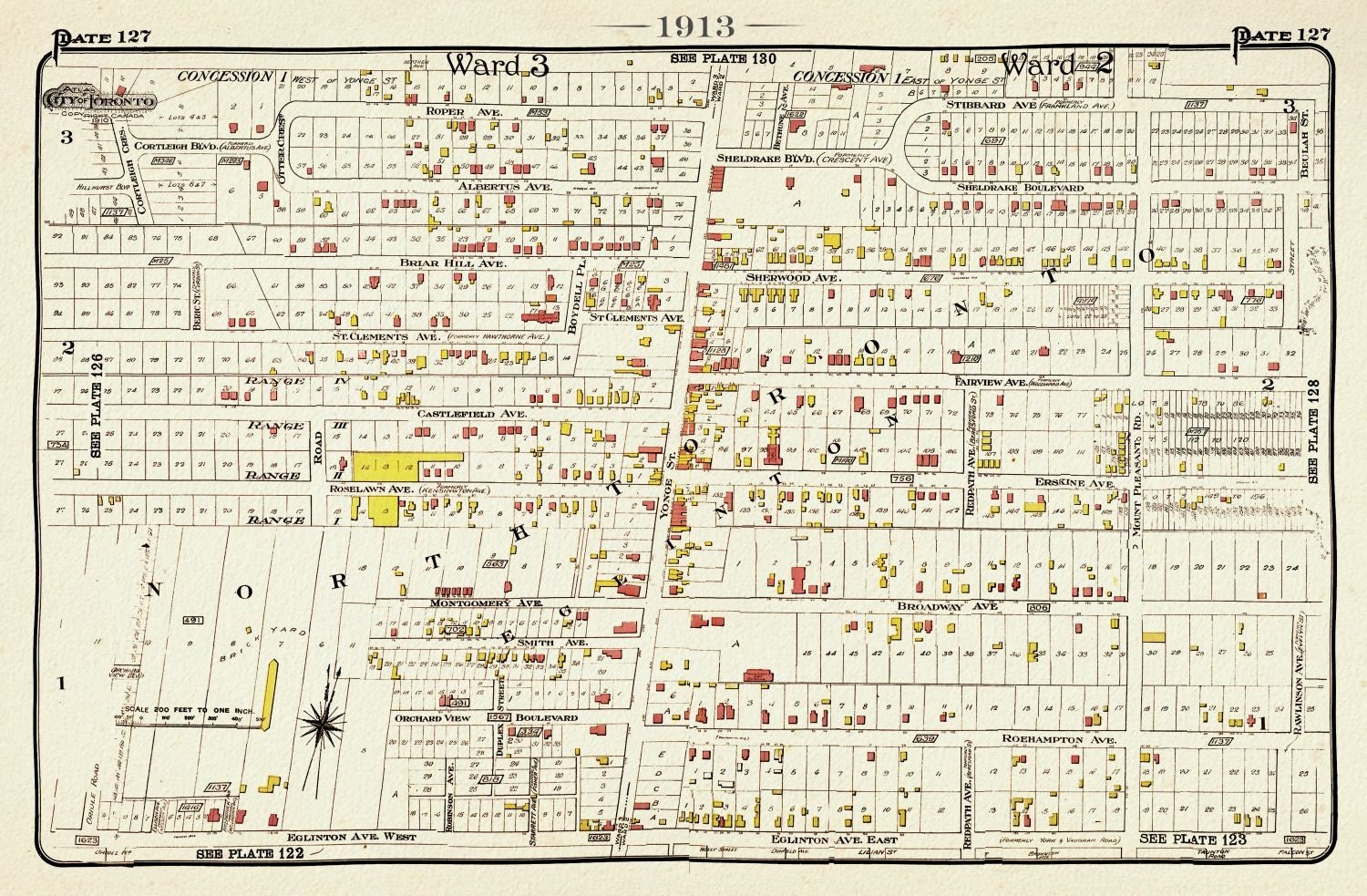 Plate 127, Toronto North, Eglinton & Yonge, 1913, map on heavy cotton canvas, 20 x 30" or 50 x 75cm. approx. - The Map Chest