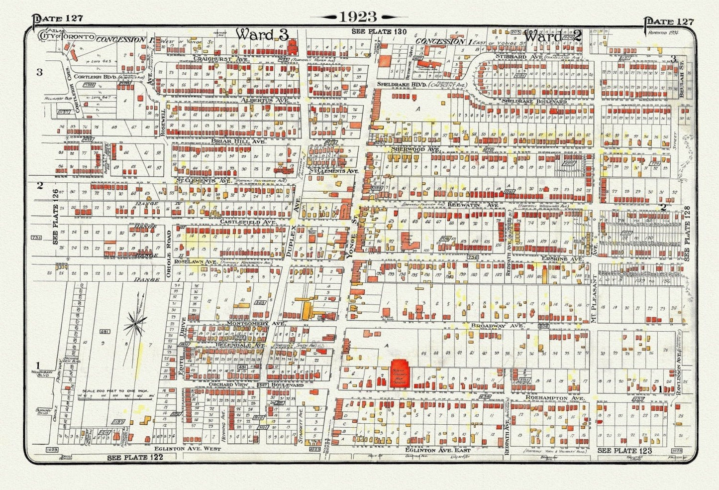Plate 127, Toronto Uptown, Yonge St. North of Eglinton, 1923, Map on heavy cotton canvas, 18x27in. approx. - The Map Chest