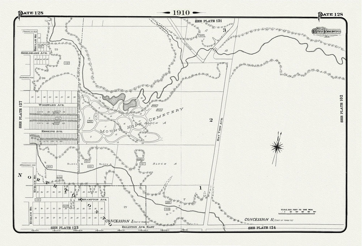 Plate 128, Toronto Uptown East, Leaside, Mount Hope Cemetery, 1910, map on heavy cotton canvas, 20 x 30" approx. - The Map Chest