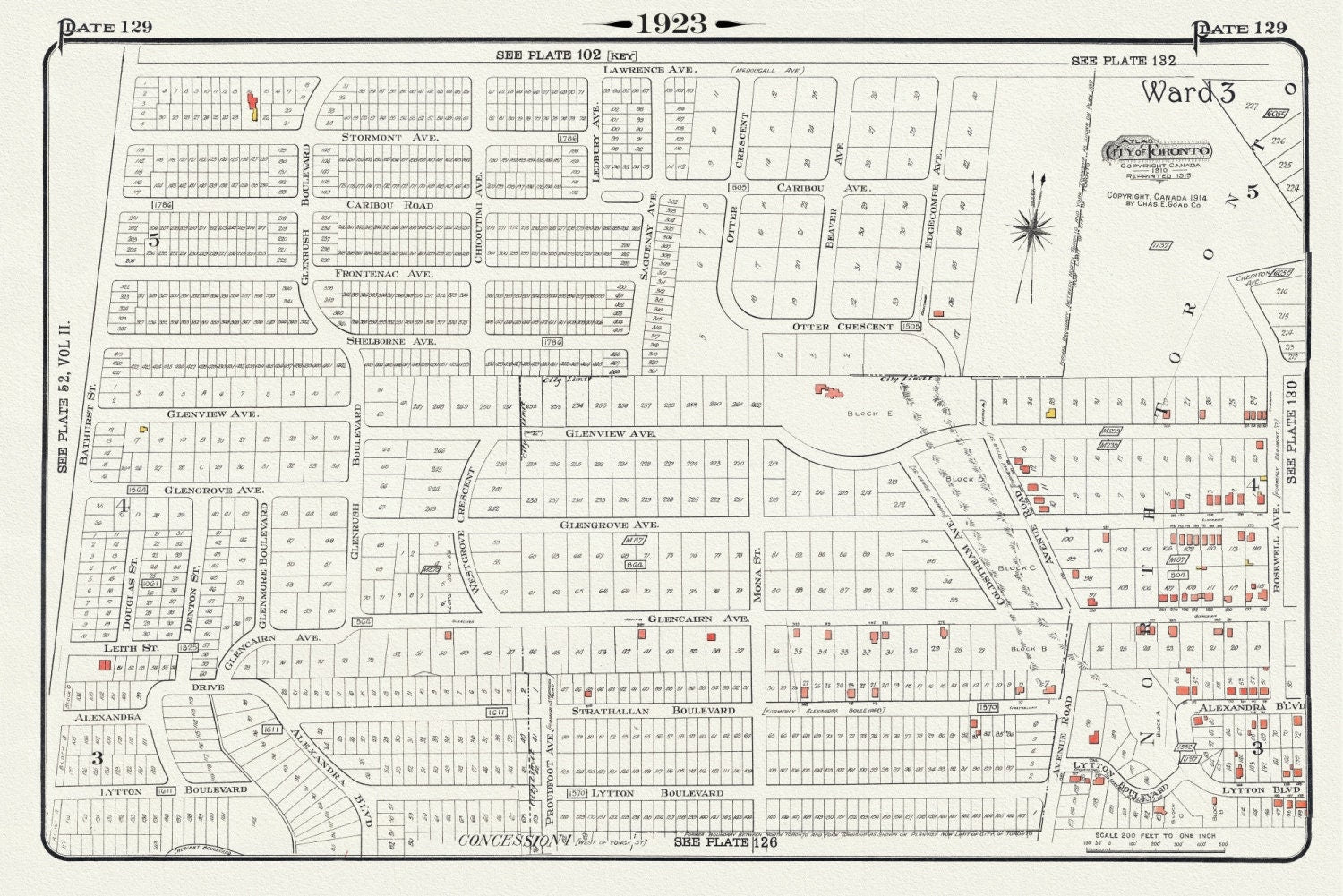 Plate 129, Toronto North, South of Lawrence Ave., 1923, Map on heavy cotton canvas, 18x27in. approx. - The Map Chest