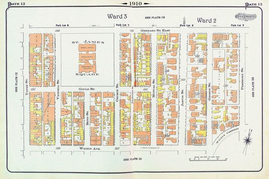 Plate 13, Toronto, Downtown East, St. James Square, 1910, map on heavy cotton canvas, 20 x 30" approx. - The Map Chest