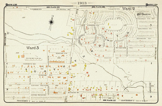 Plate 130, Toronto North, Lawrence Park, 1913, map on heavy cotton canvas, 20 x 30" or 50 x 75cm. approx. - The Map Chest