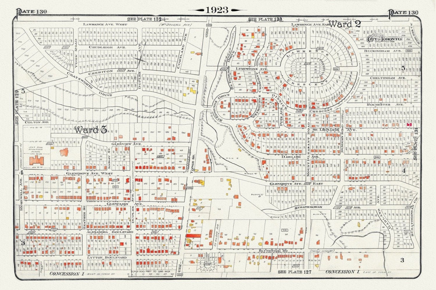 Plate 130, Toronto North, Lawrence Park , North of Blythewood, 1923, Map on heavy cotton canvas, 18x27in. approx. - The Map Chest