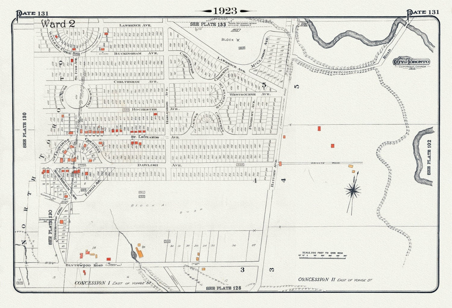 Plate 131, Toronto North of Blythewood, 1923, Map on heavy cotton canvas, 18x27in. approx. - The Map Chest