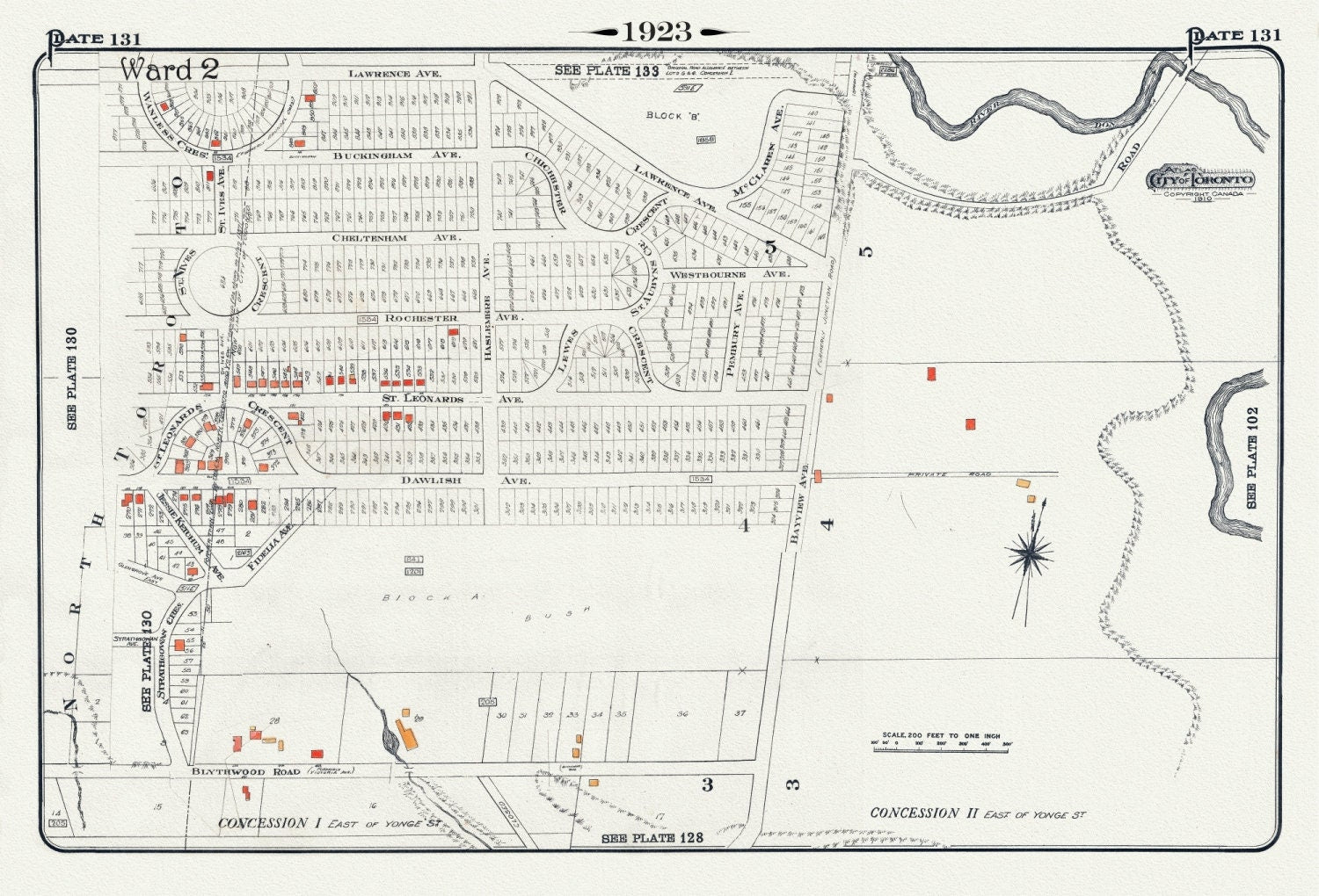 Plate 131, Toronto North of Blythewood, 1923, Map on heavy cotton canvas, 18x27in. approx. - The Map Chest