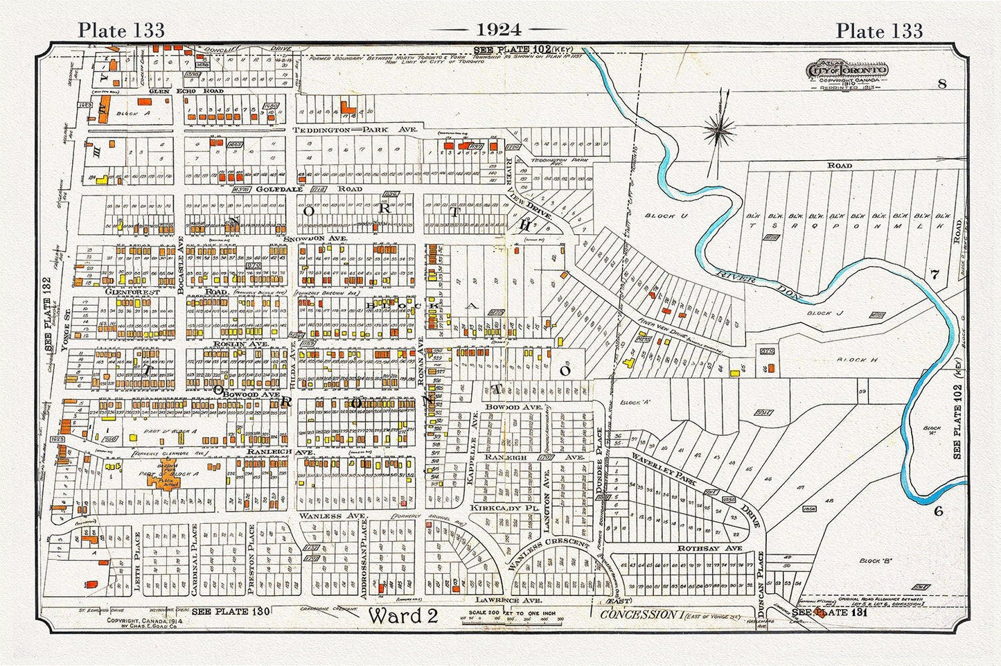Plate 133, Toronto Uptown, Lawrence Park, 1924, map on heavy cotton canvas, 20 x 30" or 50 x 75cm. approx. - The Map Chest