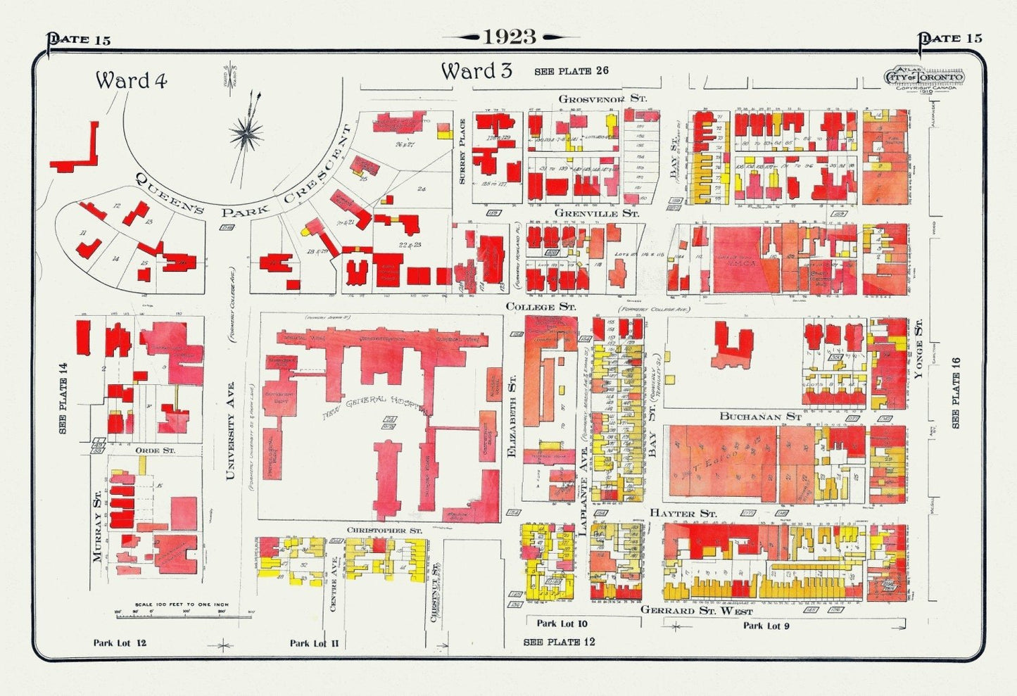 Plate 15, Toronto Downtown, Queen's Park Circle South East, 1923, Map on heavy cotton canvas, 18x27in. approx. - The Map Chest
