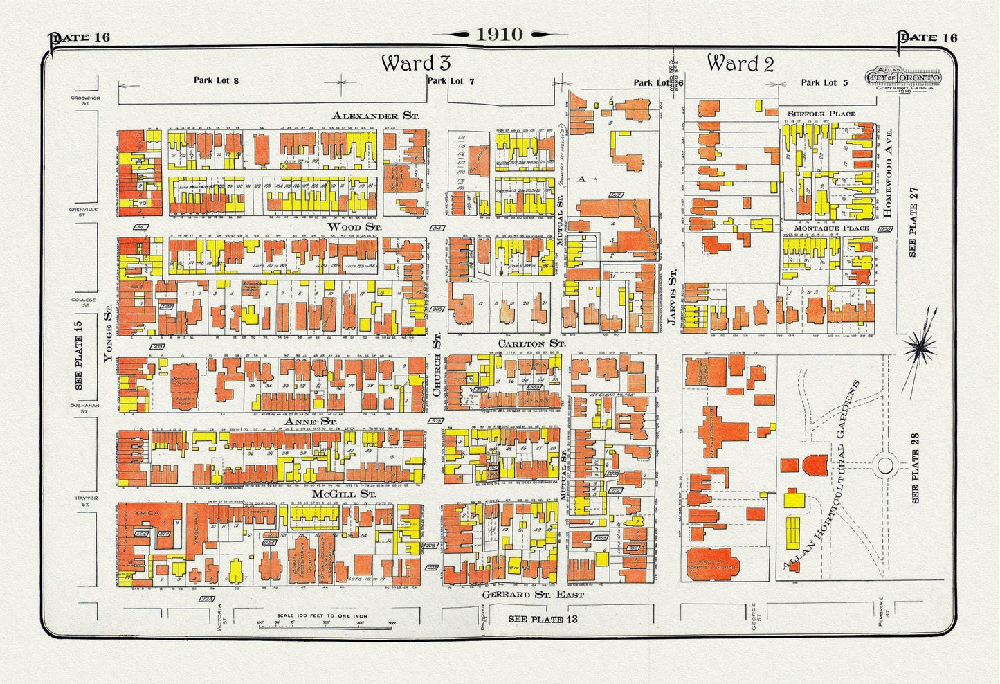 Plate 16, Toronto Downtown East, Allan Gardens, 1910 , map on heavy cotton canvas, 20 x 30" approx. - The Map Chest