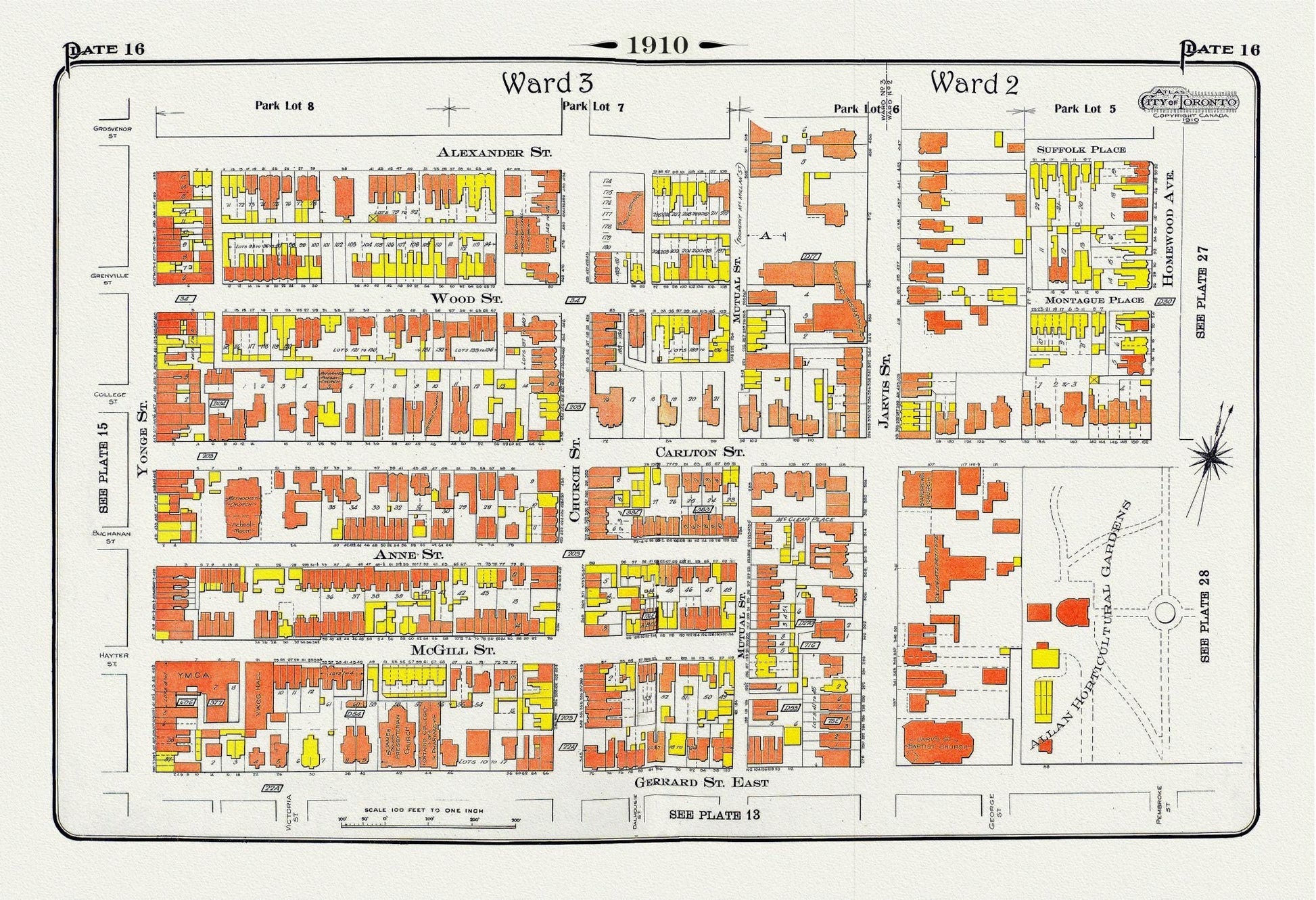 Plate 16, Toronto Downtown East, Allan Gardens, 1910 , map on heavy cotton canvas, 20 x 30" approx. - The Map Chest