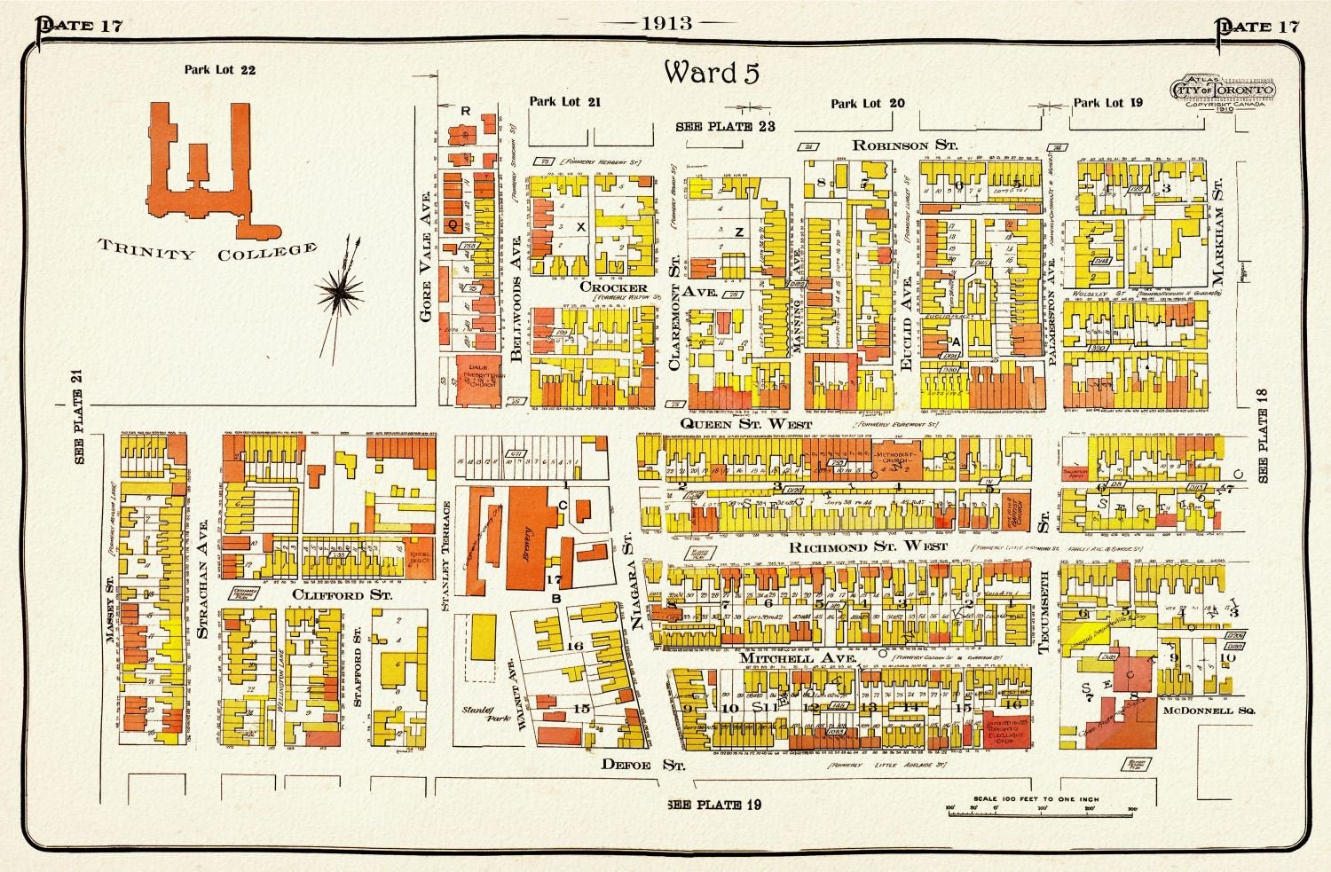 Plate 17, Toronto West, Parkdale, Trinity, Bellwoods, 1913, map on heavy cotton canvas, 20 x 30" approx. - The Map Chest