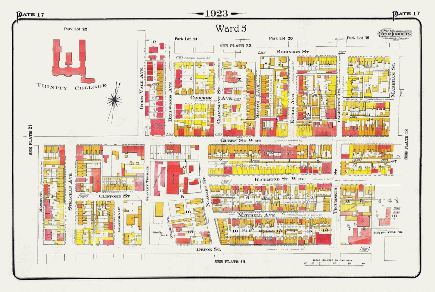 Plate 17, Toronto West, Parkdale, Trinity College, 1923, Map on heavy cotton canvas, 18x27in. approx. - The Map Chest