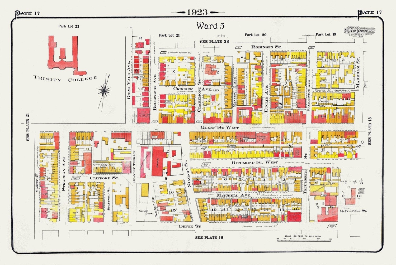 Plate 17, Toronto West, Parkdale, Trinity College, 1923, Map on heavy cotton canvas, 18x27in. approx. - The Map Chest