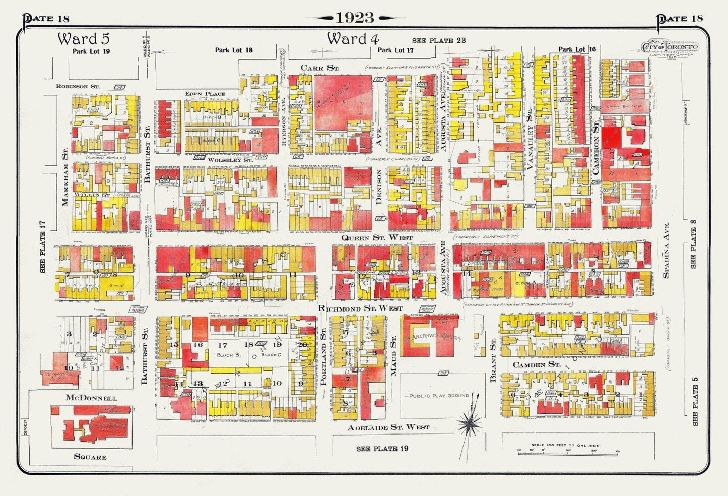 Plate 18, Toronto Downtown West, Queen St. & Spadina Ave., 1923, Map on heavy cotton canvas, 18x27in. approx. - The Map Chest