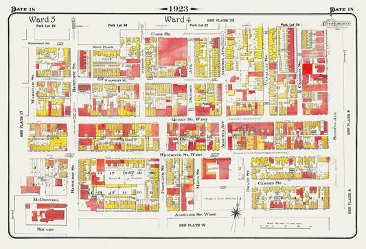 Plate 18, Toronto Downtown West, Queen St. & Spadina Ave., 1923, Map on heavy cotton canvas, 18x27in. approx. - The Map Chest