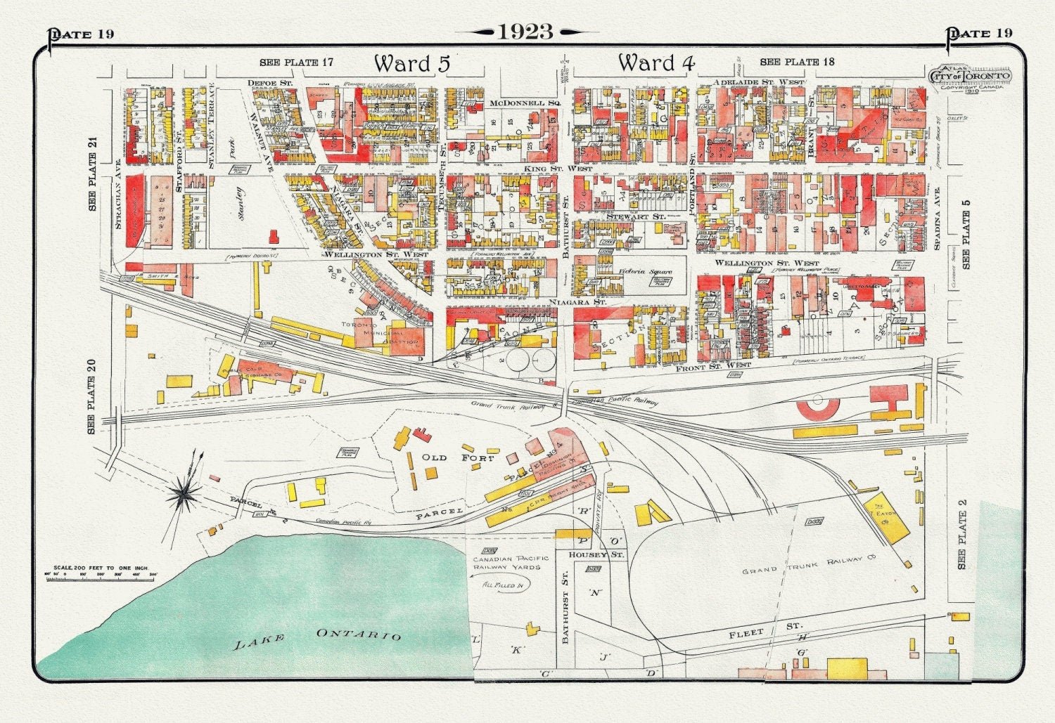 Plate 19, Toronto West, Waterfront, Foot of Bathurst St., 1923, Map on heavy cotton canvas, 18x27in. approx. - The Map Chest
