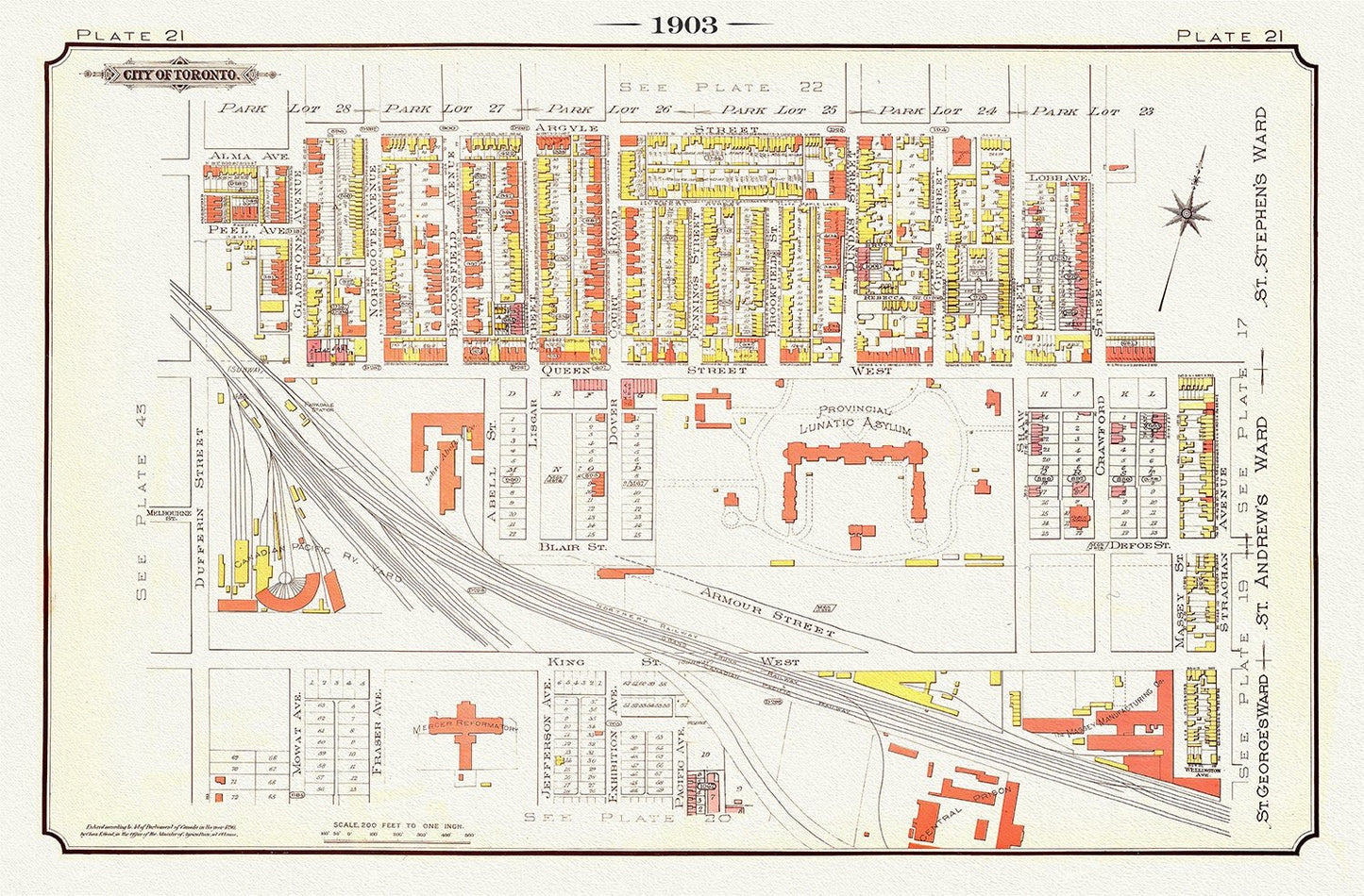 Plate 21, Toronto West, Parkdale, Liberty Village, 1903, map on heavy cotton canvas, 20 x 30" or 50 x 75cm. approx. - The Map Chest