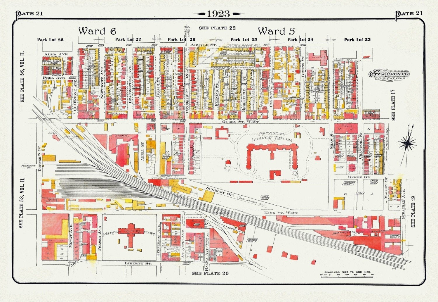 Plate 21, Toronto West, Parkdale & Liberty Village, Lunatic Asylum, 1923, Map on heavy cotton canvas, 18x27in. approx. - The Map Chest