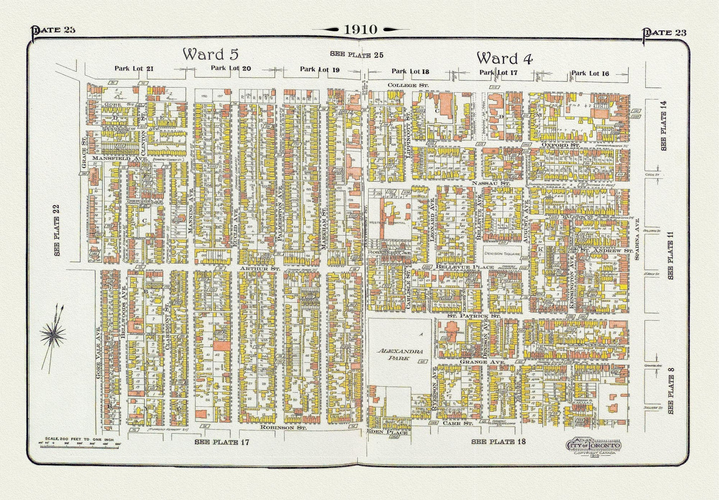 Plate 23, Toronto Downtown West, Kensington, & Annex South, 1910, map on heavy cotton canvas, 20 x 30" approx. - The Map Chest