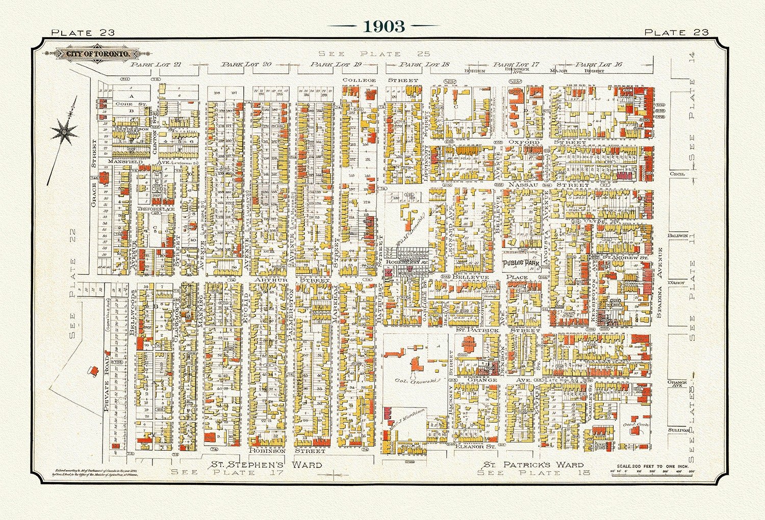 Plate 23, Toronto West, Kensington Market & Little Italy, 1903, map on heavy cotton canvas, 20 x 30" or 50 x 75cm. approx. - The Map Chest