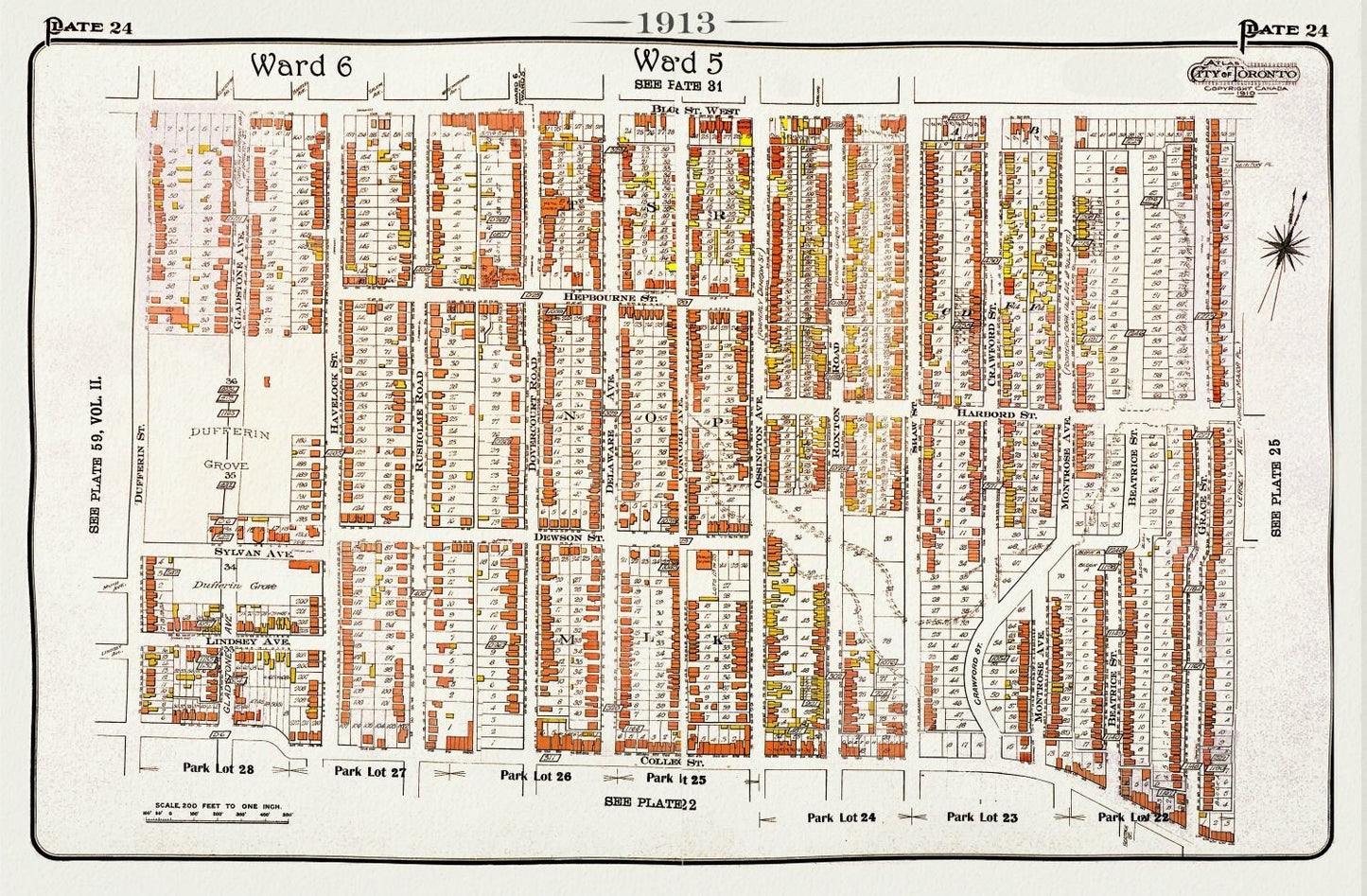 Plate 24, Toronto West, Brockton, Parkdale, Dufferin Grove, 1913, map on heavy cotton canvas, 20 x 30" approx. - The Map Chest