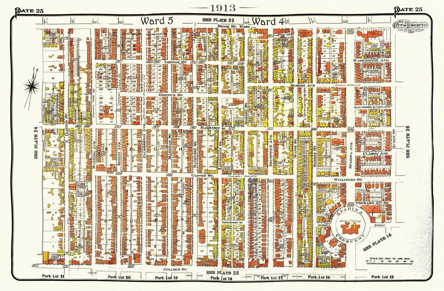 Plate 25, Toronto Central West, Annex South, 1913, map on heavy cotton canvas, 20 x 30" approx. - The Map Chest