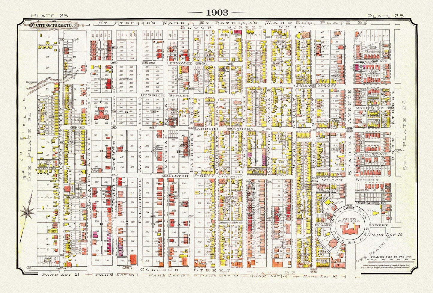 Plate 25, Toronto Downtown West, Annex South, Knox College, 1903 , map on heavy cotton canvas, 20 x 30", 50 x 76cm, approx. - The Map Chest