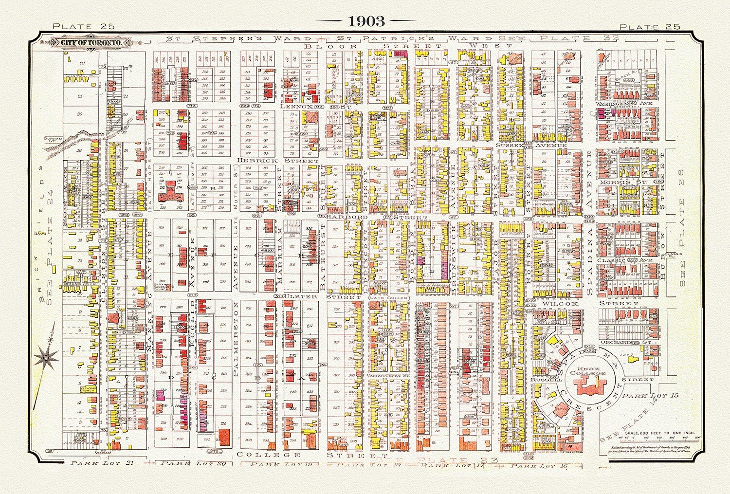 Plate 25, Toronto Downtown West, Annex South, Knox College, 1903 , map on heavy cotton canvas, 20 x 30", 50 x 76cm, approx. - The Map Chest