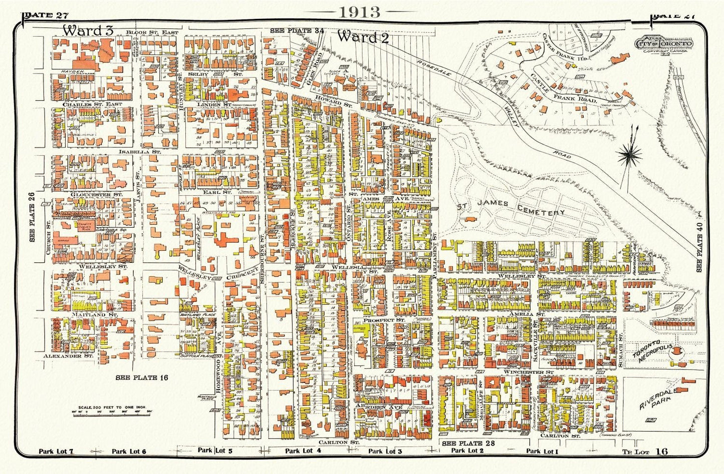 Plate 27, Toronto Central East, Cabbagetown, St. James, 1913, map on heavy cotton canvas, 20 x 30" approx. - The Map Chest