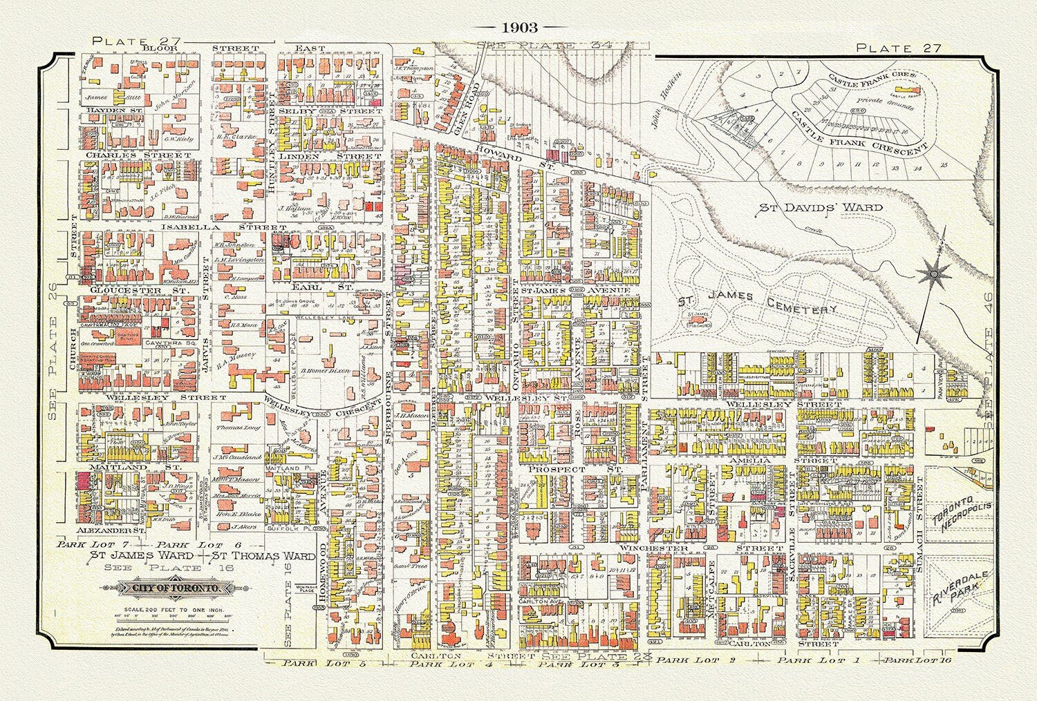 Plate 27, Toronto East, St. James, Cabbagetown North, 1903, map on heavy cotton canvas, 20 x 30" or 50 x 75cm. approx. - The Map Chest