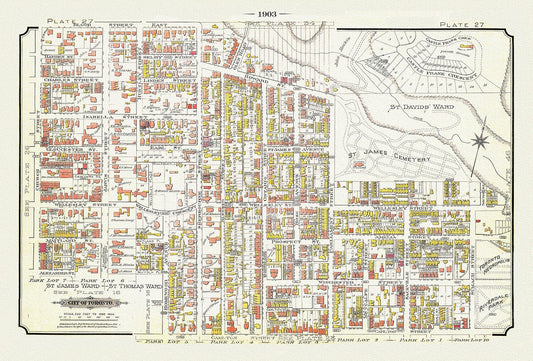 Plate 27, Toronto East, St. James, Cabbagetown North, 1903, map on heavy cotton canvas, 20 x 30" or 50 x 75cm. approx. - The Map Chest