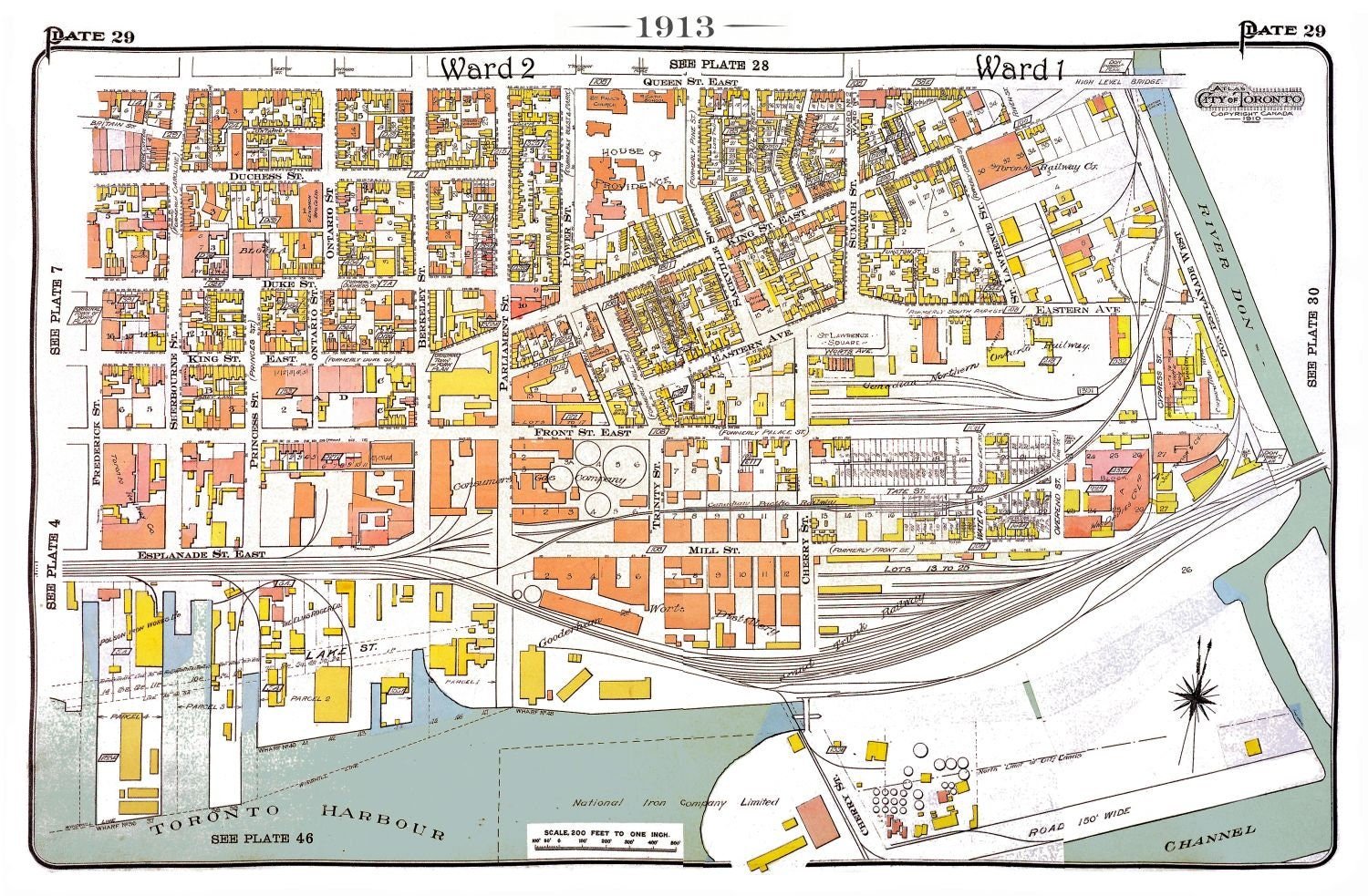 Plate 29, Toronto Downtown East, Corktown, 1913, map on heavy cotton canvas, 20 x 30" approx. - The Map Chest