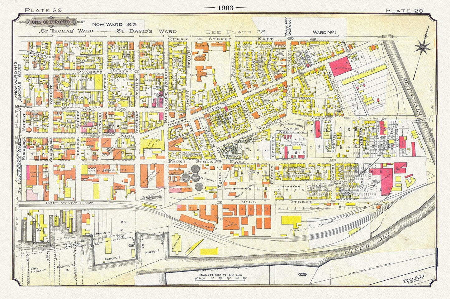 Plate 29, Toronto Downtown East, Corktown & Distillery, 1903, map on heavy cotton canvas, 20 x 30" or 50 x 75cm. approx - The Map Chest