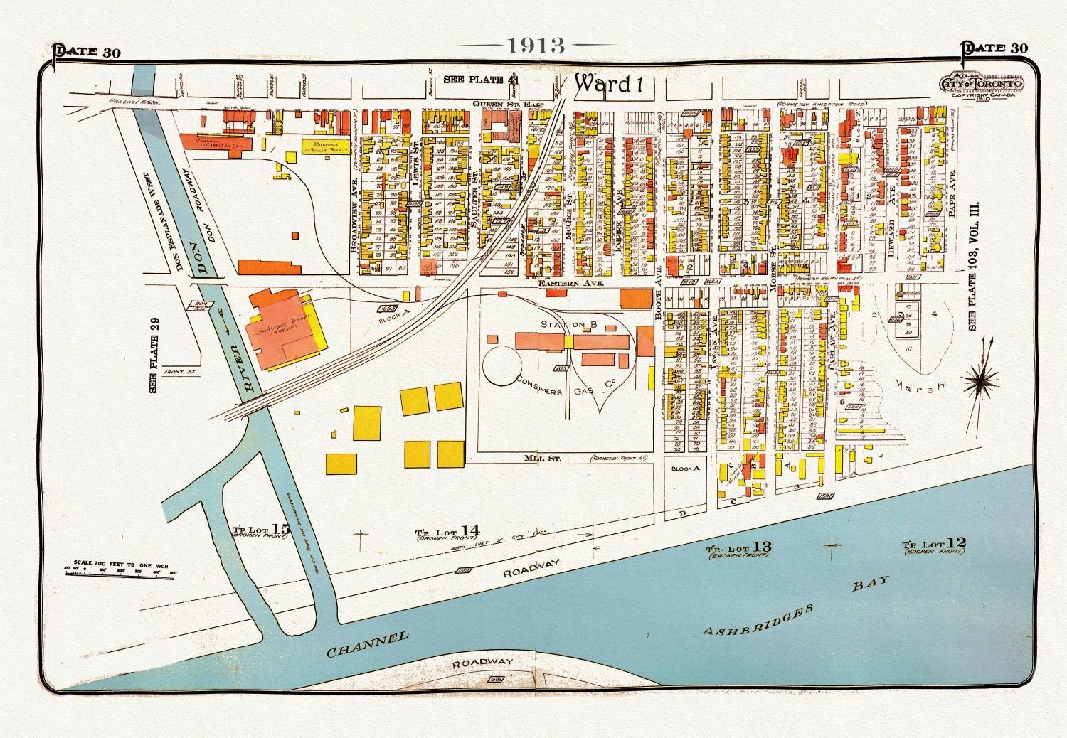 Plate 30, Toronto Waterfront East, Leslieville South, 1913, map on heavy cotton canvas, 20 x 30" approx. - The Map Chest