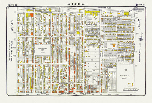 Plate 31, Toronto West, Dovercourt & Bloorcourt, North of Bloor St., 1910 , map on heavy cotton canvas, 20 x 30" approx. - The Map Chest
