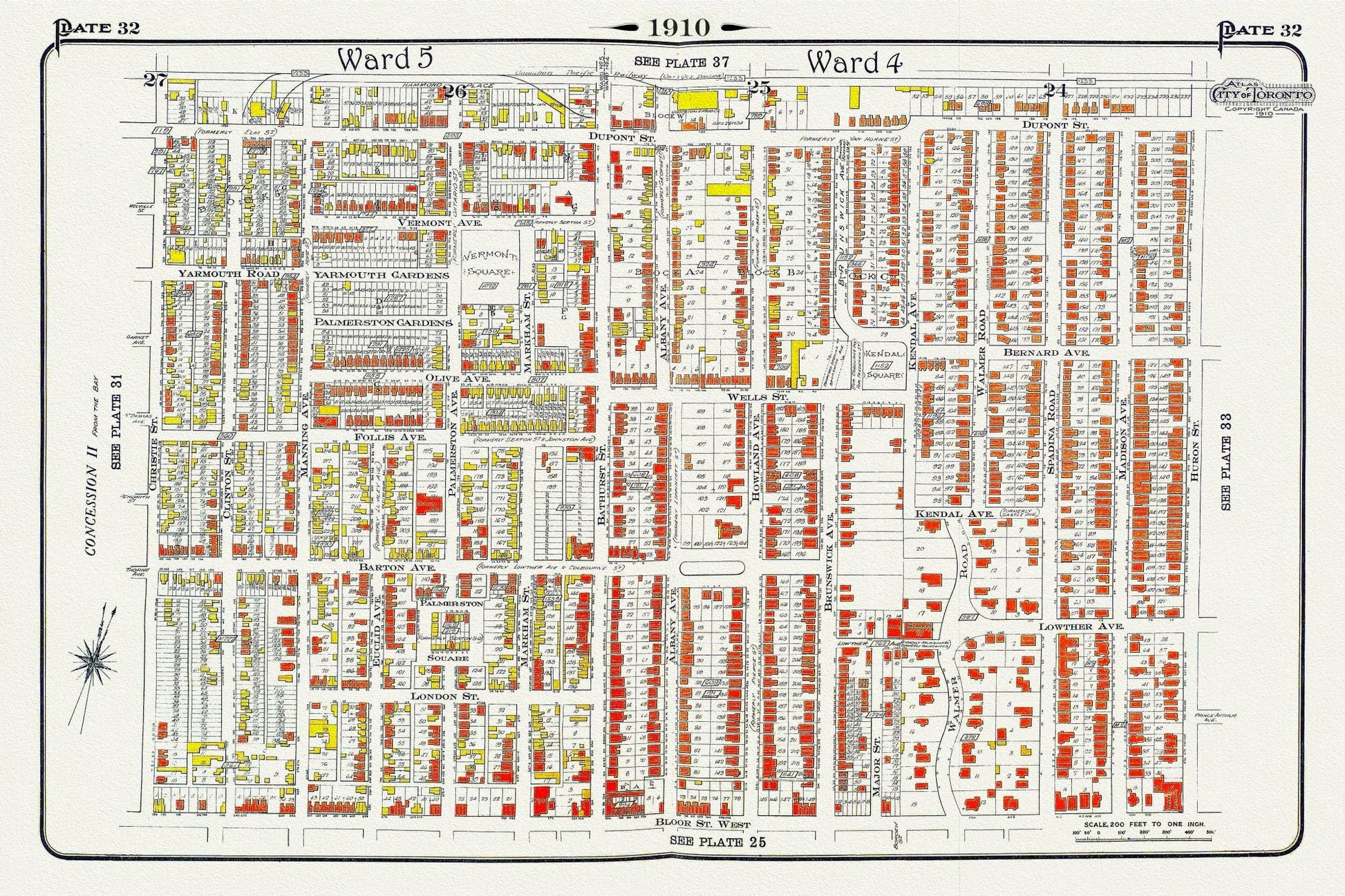 Plate 32, Toronto West, Bloorcourt, Seaton Village, Annex , 1910, map on heavy cotton canvas, 20 x 30" approx. - The Map Chest