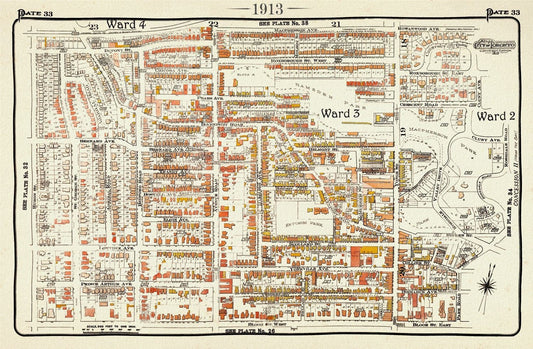 Plate 33, Toronto Uptown, Yorkville, 1913, map on heavy cotton canvas, 20 x 30" approx. - The Map Chest