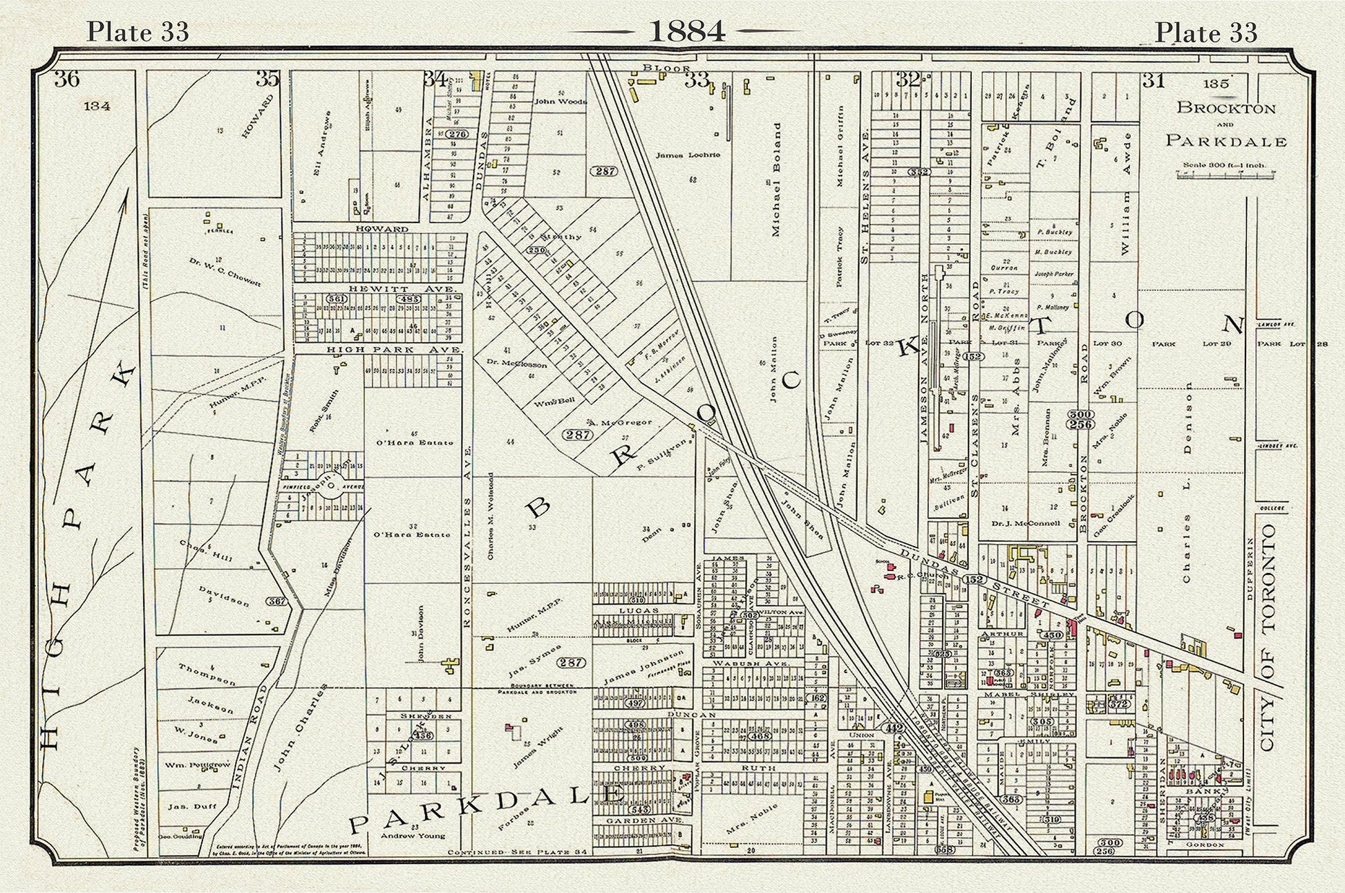 Plate 33, Toronto West, High Park to Brockton, Roncesvalles, 1884, map on heavy cotton canvas, 20 x 30" approx. - The Map Chest