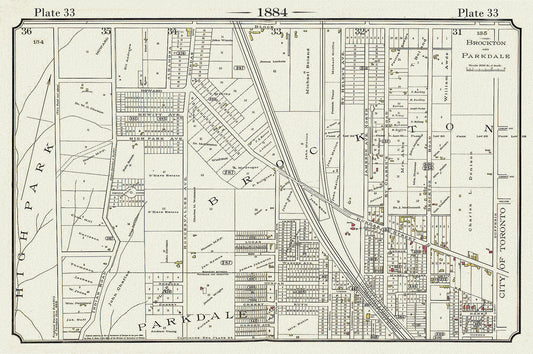 Plate 33, Toronto West, High Park to Brockton, Roncesvalles, 1884, map on heavy cotton canvas, 20 x 30" approx. - The Map Chest
