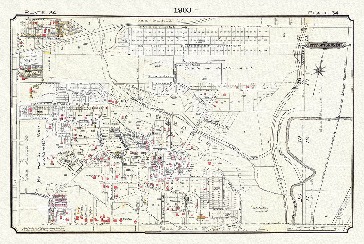 Plate 34, Toronto Uptown East, Rosedale, 1903, map on heavy cotton canvas, 20 x 30" or 50 x 75cm. approx. - The Map Chest