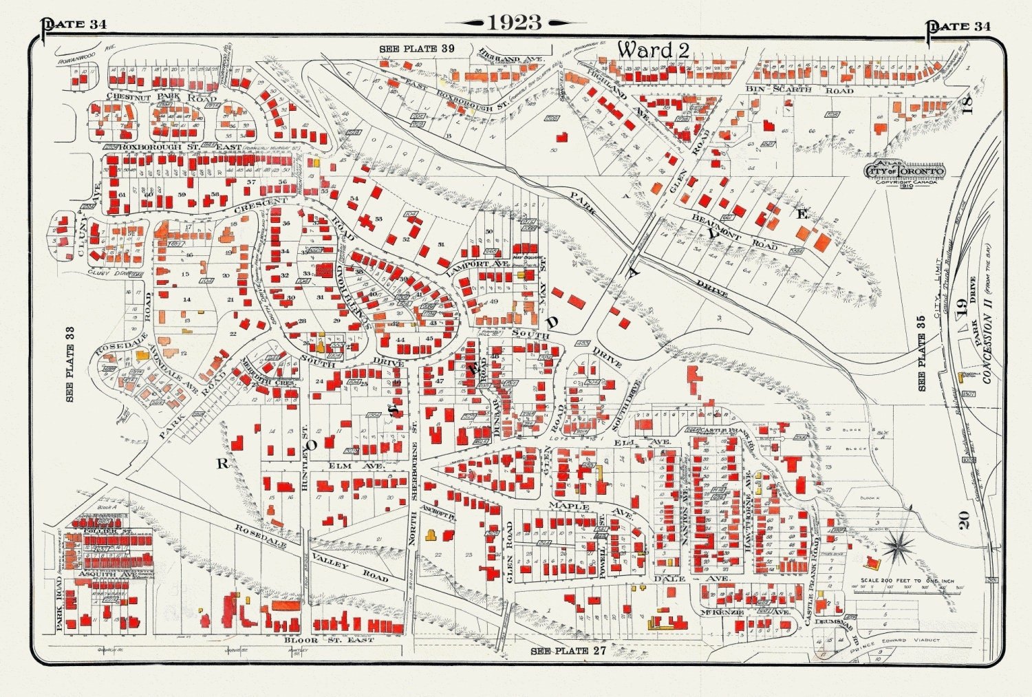 Plate 34, Toronto Uptown, Rosedale, 1923, Map on heavy cotton canvas, 18x27in. approx. - The Map Chest