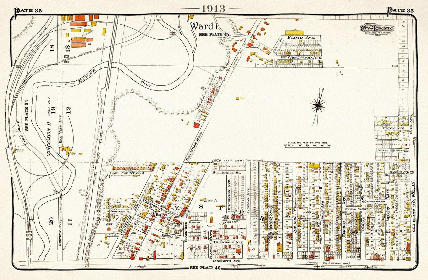 Plate 35, Toronto East, Danforth, Chester Village, 1913, map on heavy cotton canvas, 20 x 30" approx. - The Map Chest