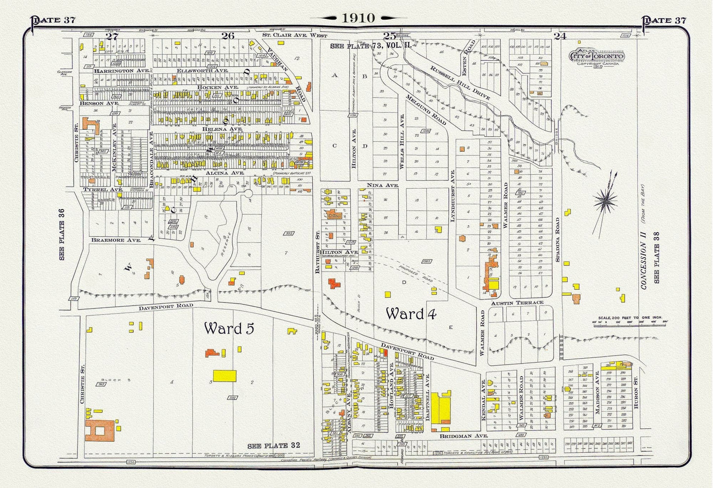 Plate 37, Toronto Central North West, Wychwood, Casa Loma, 1910, map on heavy cotton canvas, 20 x 30" approx. - The Map Chest