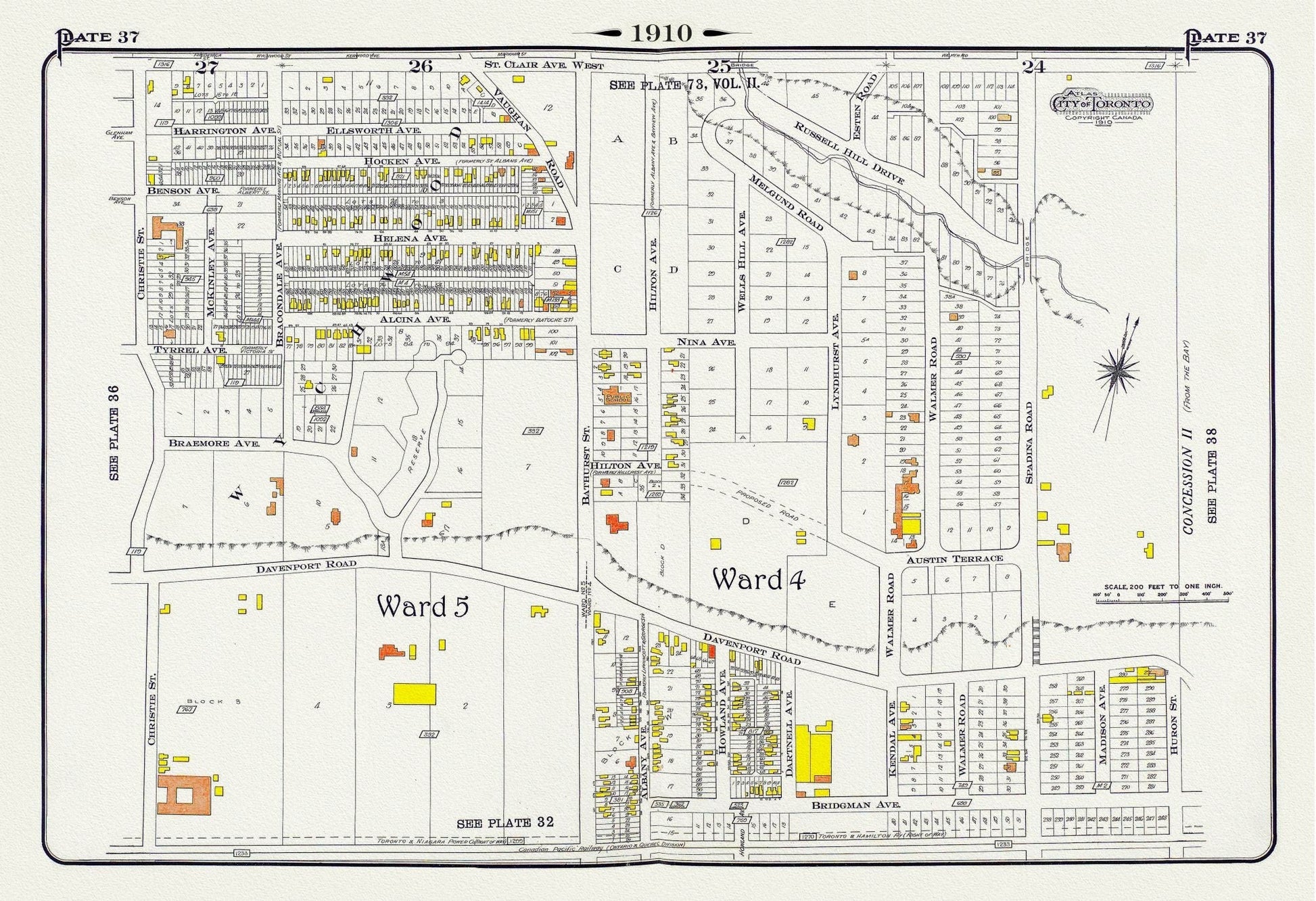 Plate 37, Toronto Central North West, Wychwood, Casa Loma, 1910, map on heavy cotton canvas, 20 x 30" approx. - The Map Chest