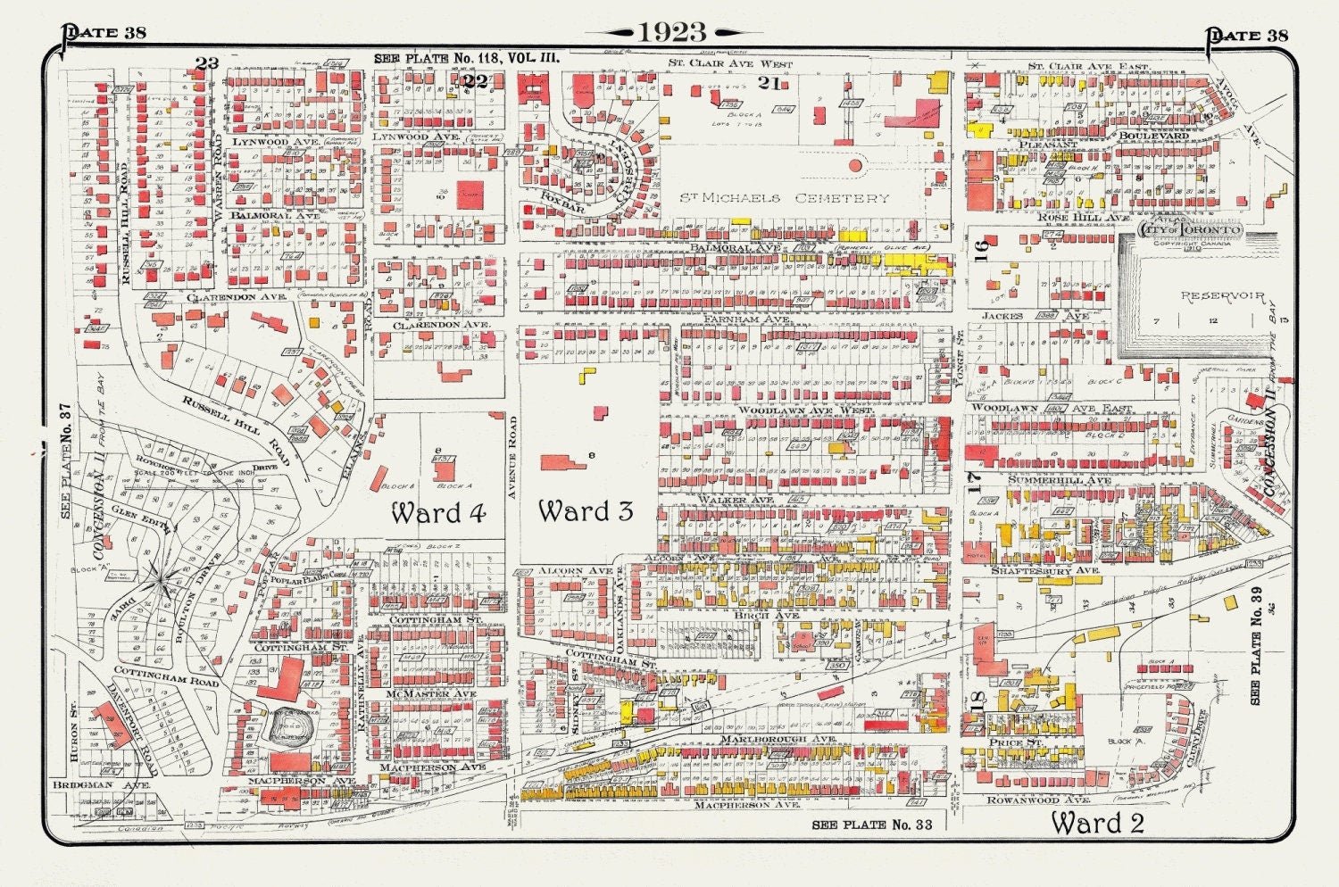 Plate 38, Toronto Uptown, Rosedale, Cottingham, Forest Hill South, 1923, Map on heavy cotton canvas, 18x27in. approx. - The Map Chest