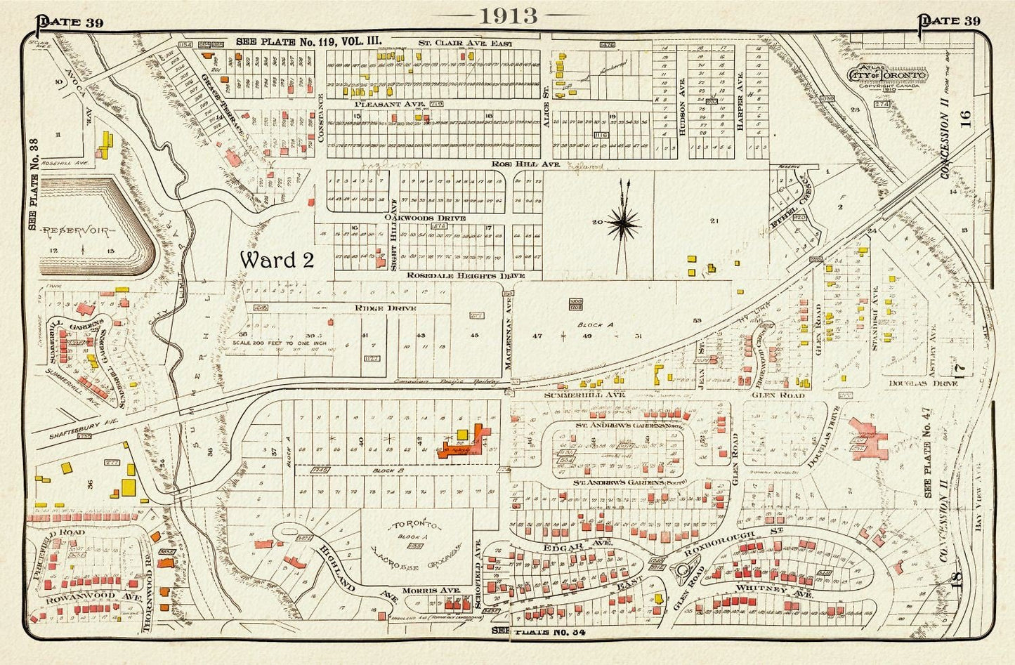Plate 39 Toronto Uptown East, Rosedale North, Moore Park, 1913, map on heavy cotton canvas, 20 x 30" approx. - The Map Chest