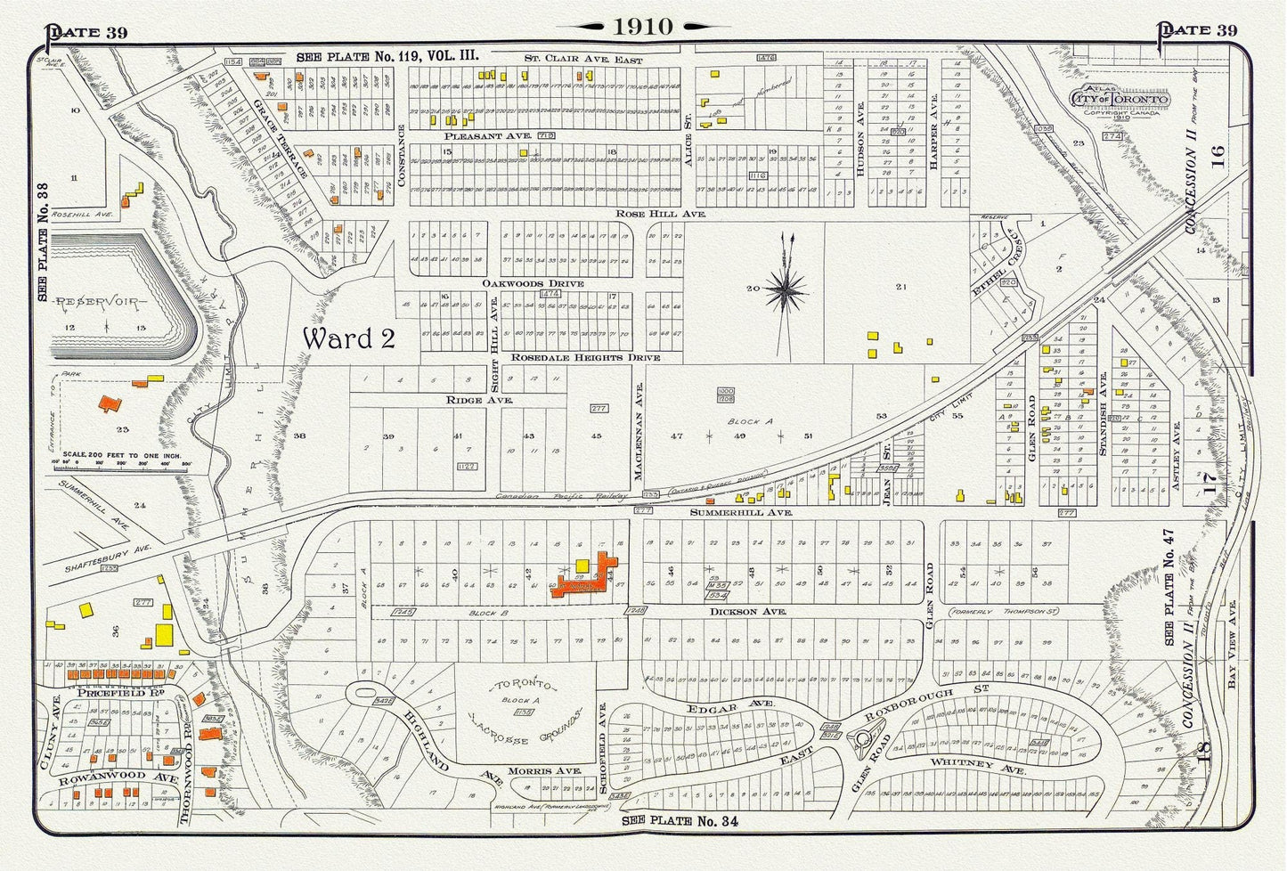 Plate 39, Toronto Uptown, Rosedale & Moore Park, 1910, map on heavy cotton canvas, 20 x 30" approx. - The Map Chest