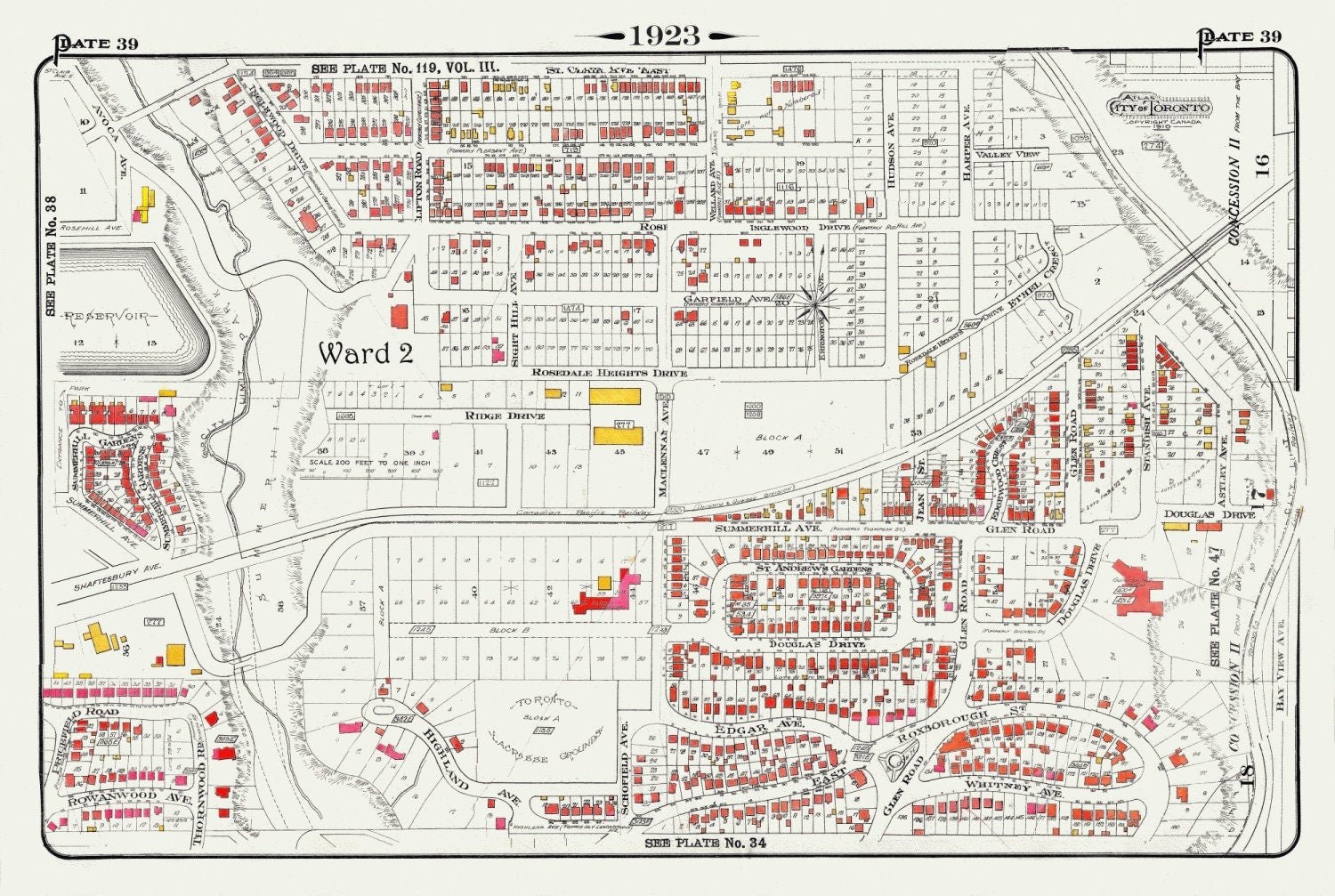 Plate 39, Toronto Uptown, Rosedale & Moore Park, 1923, Map on heavy cotton canvas, 18x27in. approx. - The Map Chest