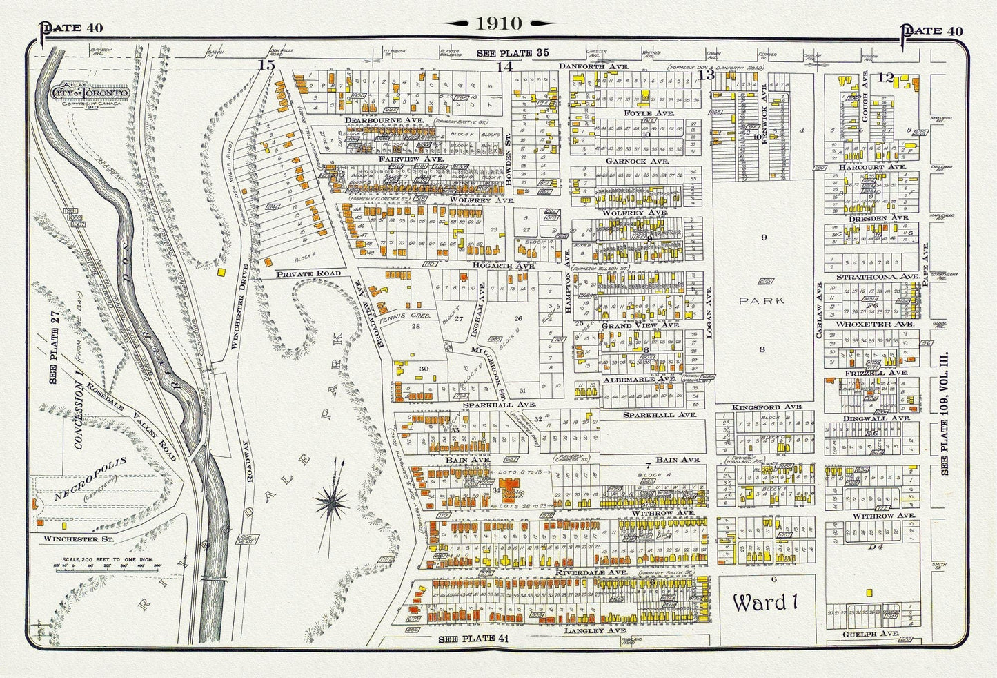 Plate 40, Toronto East, Riverdale, Withrow Park, 1910 , map on heavy cotton canvas, 20 x 30" approx. - The Map Chest