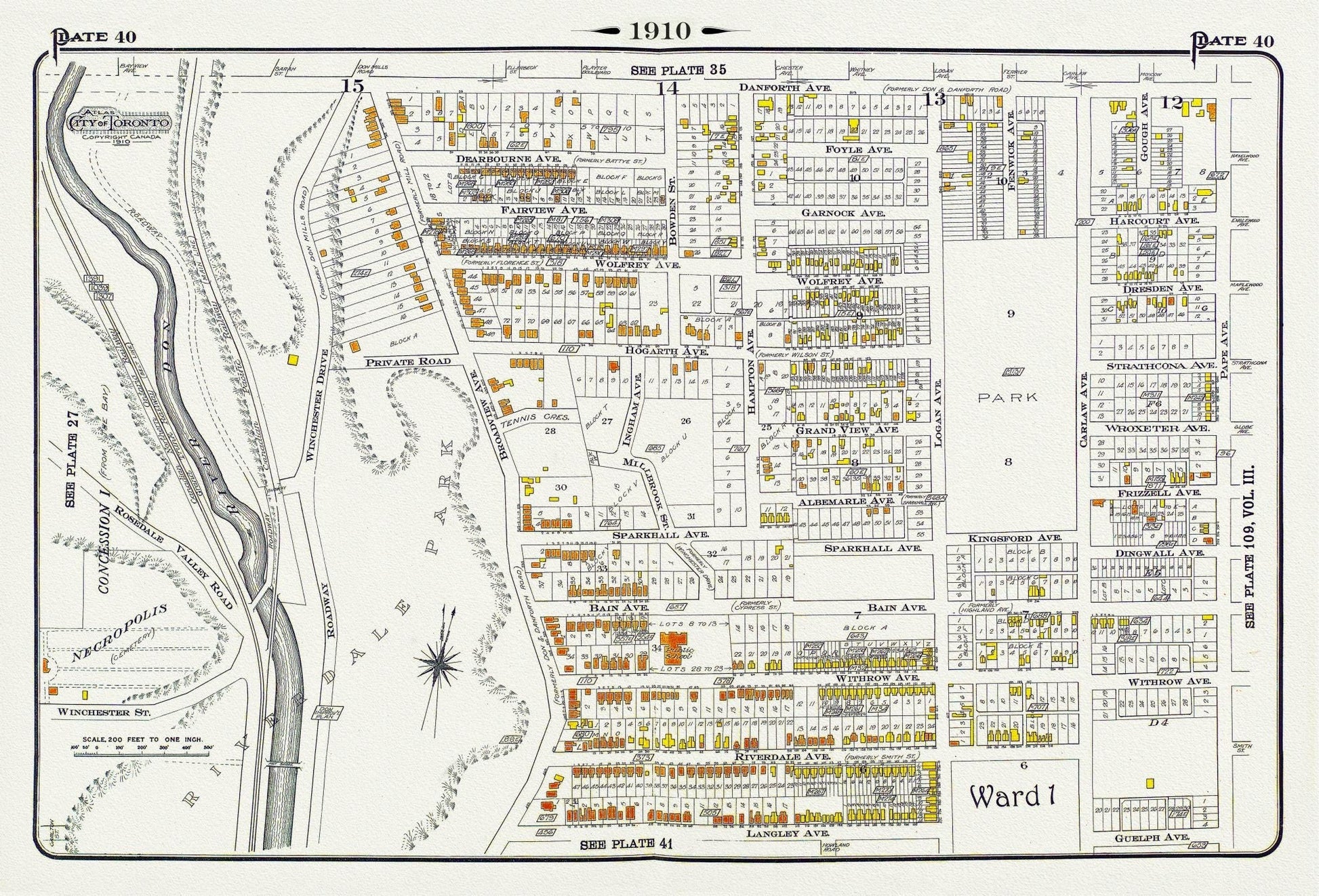Plate 40, Toronto East, Riverdale, Withrow Park, 1910 , map on heavy cotton canvas, 20 x 30" approx. - The Map Chest